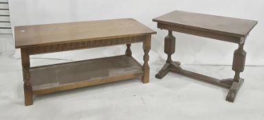 20th century oak coffee table on turned and block supports, shelved undertier and one further (2)