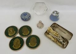 Wedgwood table lighter, a blue and white lidded pot, a glass paperweight in the form of eagle's