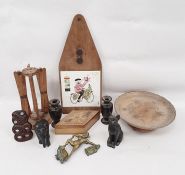 Assorted items to include AA badge, letter opener, ebony elephant, Cornish Pisky brass badge,