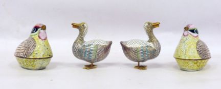 Pair of enamel pots in the form of song birds and pair of cloisonne ducks (4) Condition Reportsize