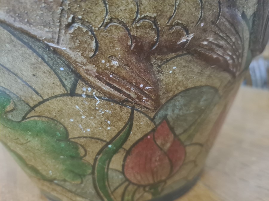 Arts & Crafts painted earthenware large vase, the ovoid body embossed with two fish, on a background - Image 6 of 11