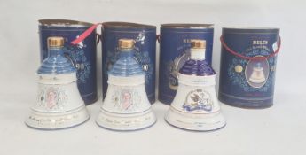 Assorted Bells whisky bottles in bell shaped containers and cardboard cylinders (7 and 1 empty)