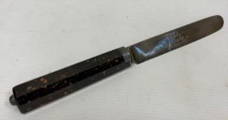 A 19th century agate handled dessert knife, inscribed 'To Lady Jane from a friend'..'Elfdalen