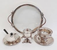 Swiss silver plated, glass and leather stand/tray, circular with pair leather handles, on four