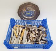 Quantity of assorted silver plated and other cutlery, silver plated dish with bead border by
