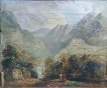 19th century Continental school Oil on canvas Figures conversing in foreground, mountainous