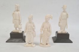 Four Chinese ivory figures (two on stands), 9cm high approx. (minus stands) and a resinous scrimshaw