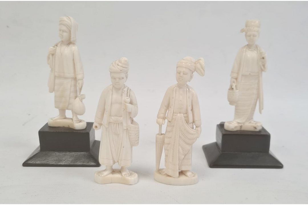 Four Chinese ivory figures (two on stands), 9cm high approx. (minus stands) and a resinous scrimshaw - Image 1 of 2