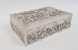 Indo China cigar box, rectangular with detailed repousse decoration on all sides, figures in rural