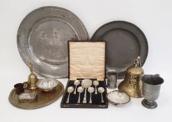 Assorted metalware to include pewter platters, brass bell marked 'Titanic 1912', brass plaque marked