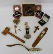 Two trays of assorted items to include travel clock, gavel, dog whistle, small quantity of coins,