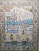 Persian school Watercolour Figures in a court, including a central figure lying on the ground