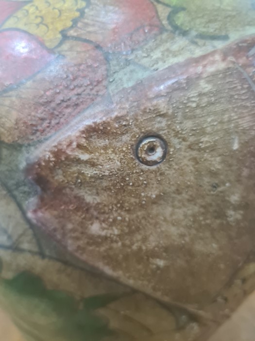 Arts & Crafts painted earthenware large vase, the ovoid body embossed with two fish, on a background - Image 7 of 11