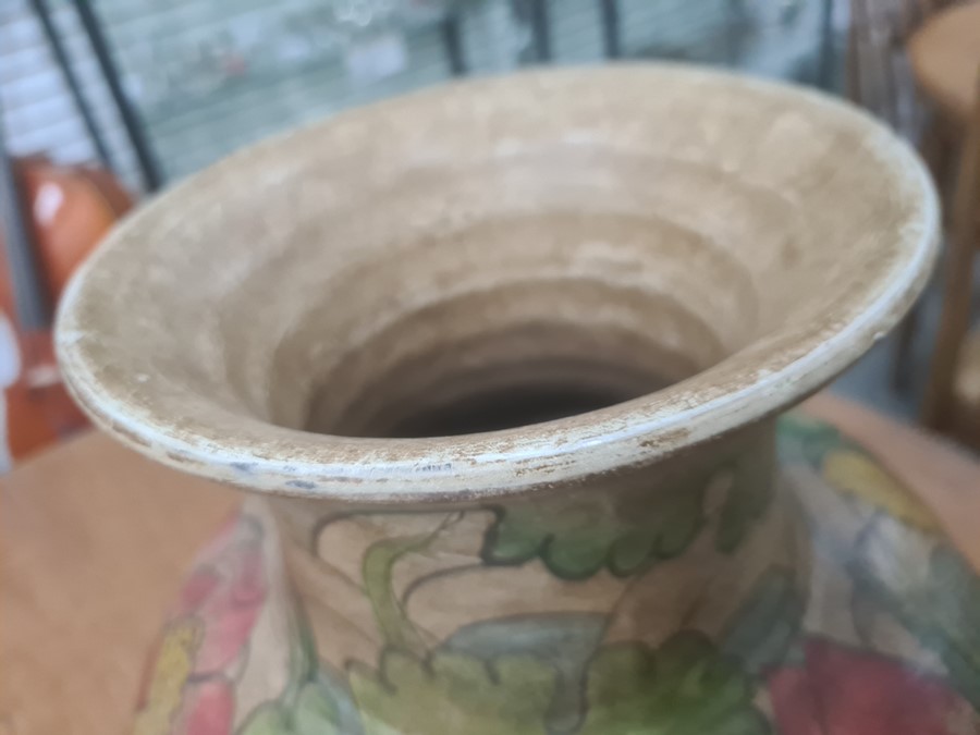 Arts & Crafts painted earthenware large vase, the ovoid body embossed with two fish, on a background - Image 5 of 11