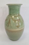 Studio pottery vase with ovoid body, green ground with brown stylised leaf decoration,