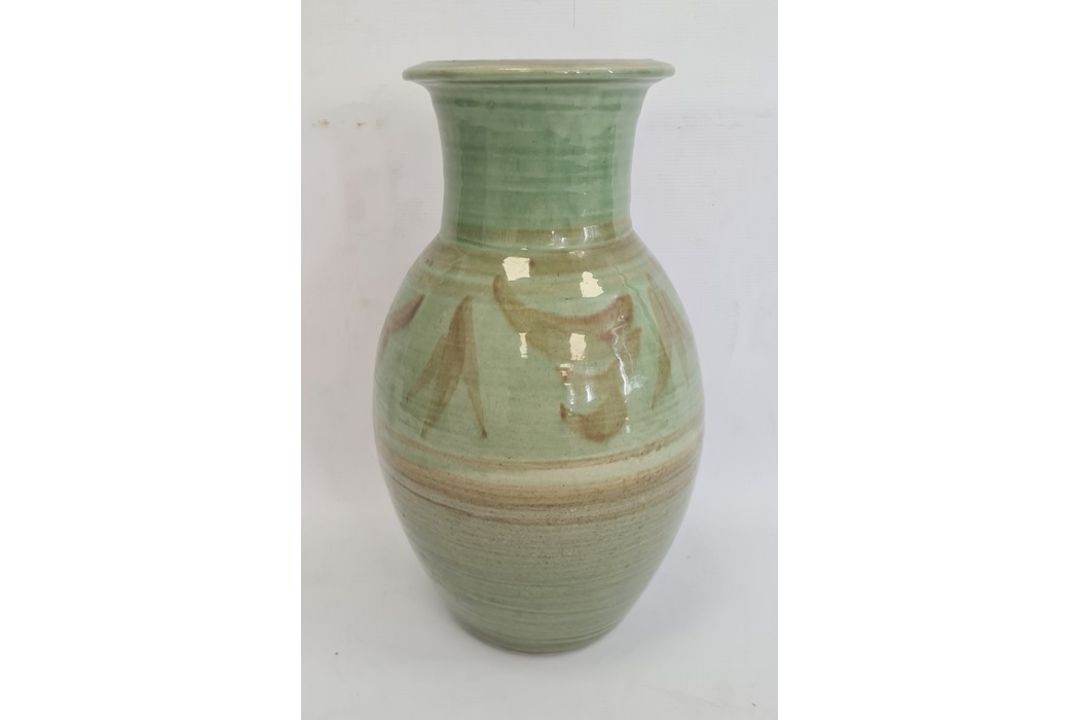 Studio pottery vase with ovoid body, green ground with brown stylised leaf decoration, - Image 1 of 16