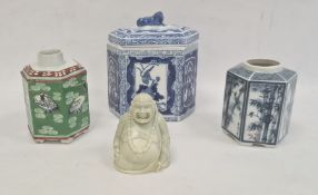 Chinese porcelain hexagonal jar and cover, underglaze blue decoration, two oriental porcelain tea