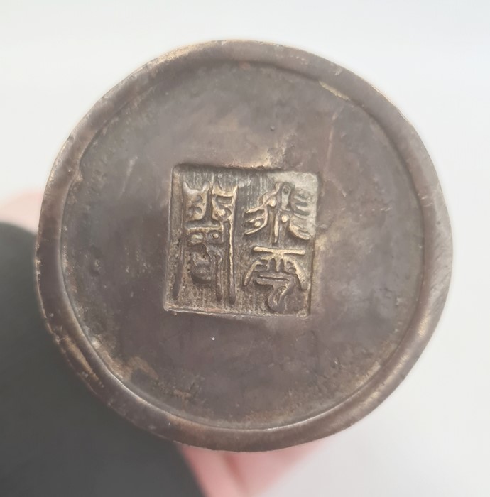 Unusual Chinese painted bronze vase, rouleau-shape with gilt cattle and flowers in a mountainous - Image 4 of 4
