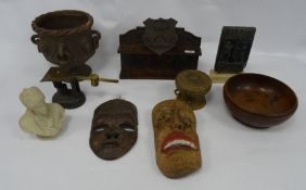 Assorted items including pipe rack, reproduction Sumerian type tablet, masks, treen etc