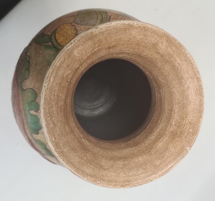 Arts & Crafts painted earthenware large vase, the ovoid body embossed with two fish, on a background - Image 3 of 11