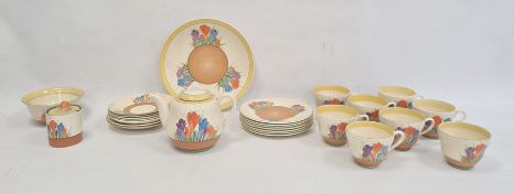 Clarice Cliff pottery part tea service 'Autumn Crocus' pattern, 26 pieces viz:- teapot, sugar