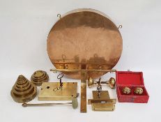 Brass gong, door furniture, weights, etc