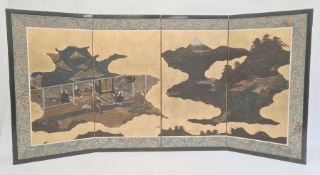 Chinese painted four-panel folding table screen with figures in building and also in gardens, fabric