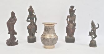 Indian bronze vase, squat baluster shaped and embossed with panels of Buddha, 12.5cm high, pair Thai