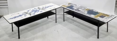 Two mid century coffee tables, the rectangular tops with printed decoration, on black-coloured