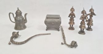 Set of three white metal figures of musicians, the costume of each adorned with bells, approx 18cm