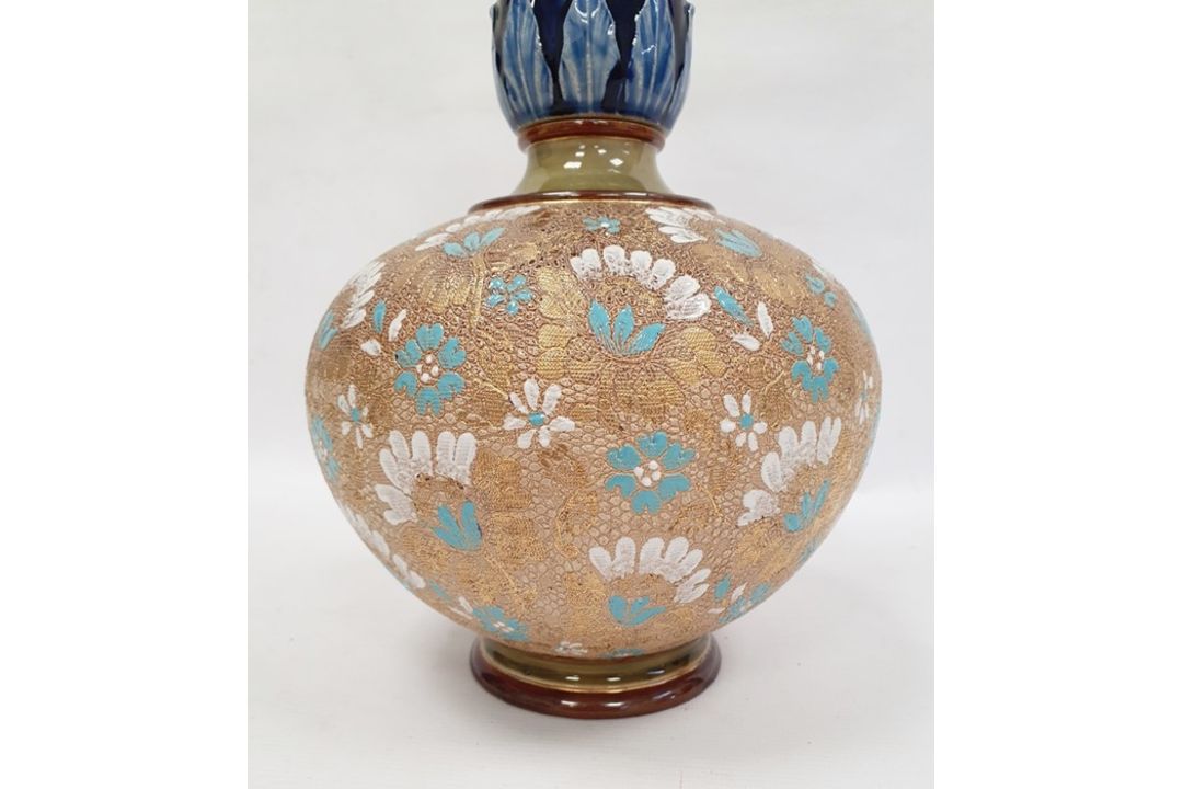 19th century Doulton Slaters stoneware vase with typical decoration, the body having blue and - Image 5 of 6