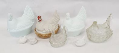 Assorted glass hen egg crocks and one porcelain example