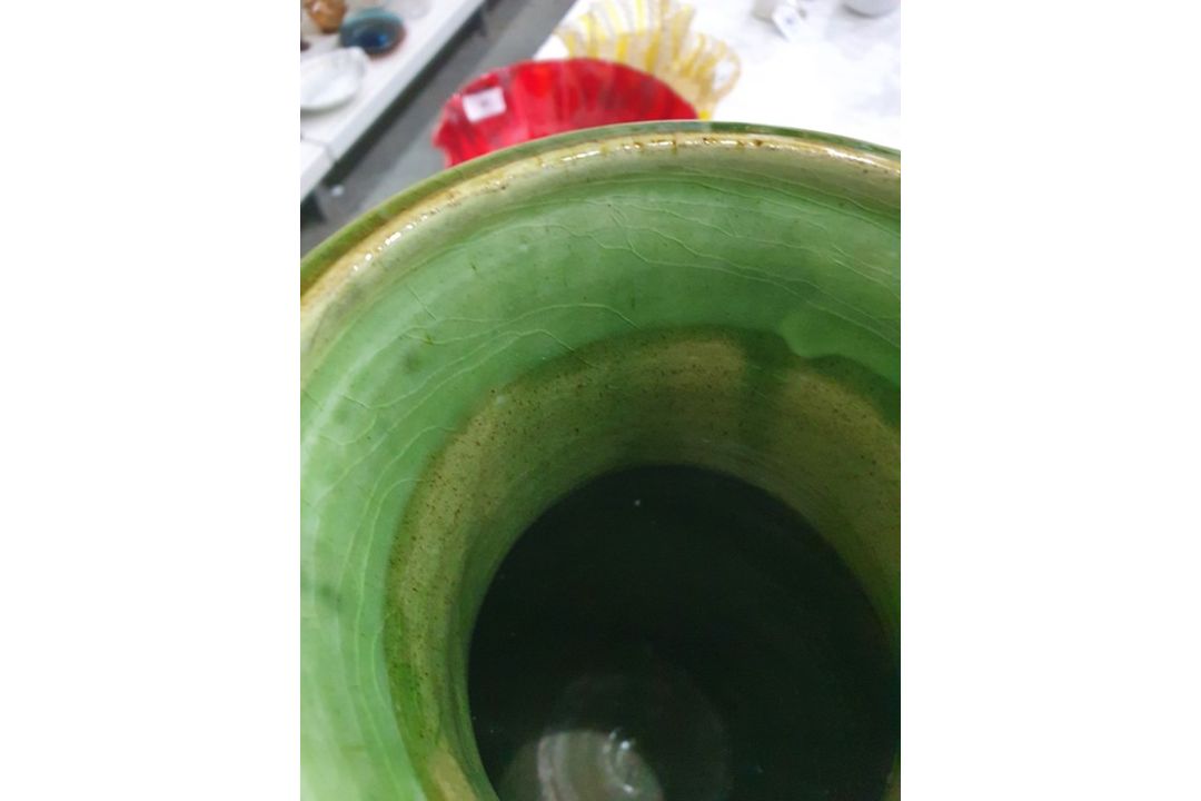 Studio pottery vase with ovoid body, green ground with brown stylised leaf decoration, - Image 9 of 16