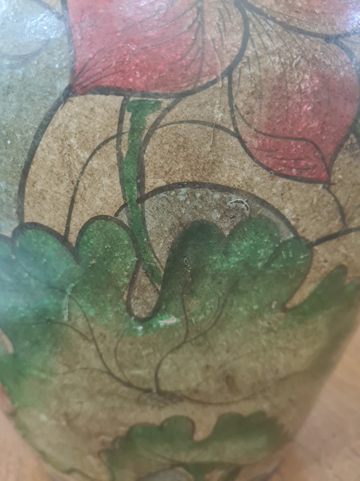 Arts & Crafts painted earthenware large vase, the ovoid body embossed with two fish, on a background - Image 8 of 11