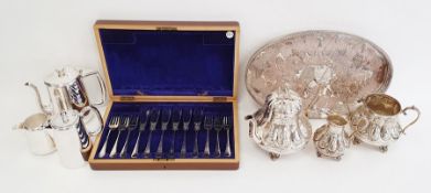 Victorian silver plated three-piece tea set of lobed design with engraved decoration, the teapot