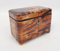 A 19th century tortoiseshell tea caddy, rectangular form, inlaid silver wire work, bun feet,