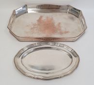 Large two-handled silver plated tray of elongated octagonal form with pierced gallery and