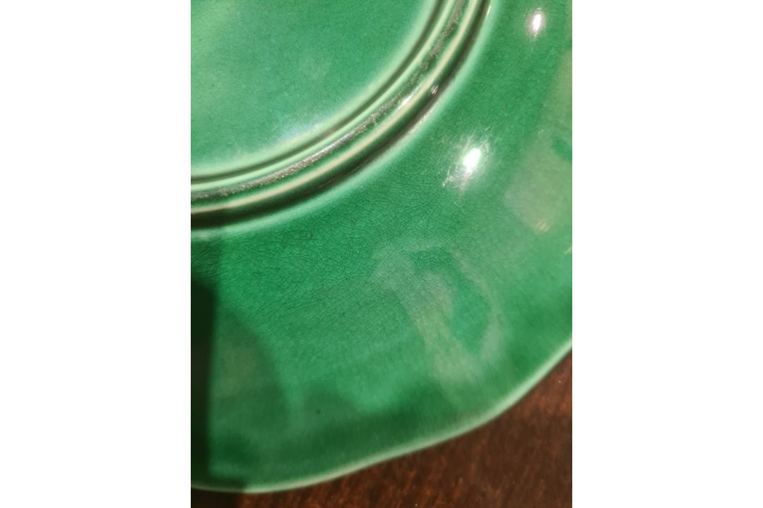 Pair 19th century Thomas Till green glazed majolica dessert plates and matching oval dish, 29cm wide - Image 6 of 10