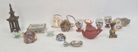 Chinese porcelain trinket box, pair hardstone miniature fish, sundry cloisonne enamel miniatures and