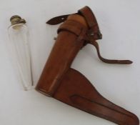 Glass hunting flask in brown leather holster  Condition ReportCork seal is perished. Some minor