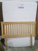 Modern wooden double bedhead of rail design with bed base and sensor form mattress, 144cm wide