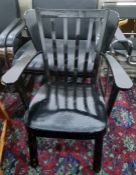 Black painted low armchair together with a Pine stickback chair (2)