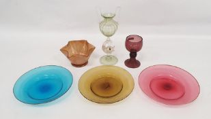 Facon de Venise dolphin stemmed glass vase, Venetian coloured plates, bowl and amethyst-coloured
