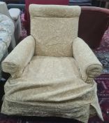 Unusual mahogany and leather-topped side table on three legs, 76cm x 63cm and armchair in pale
