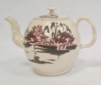 18th century English creamware teapot, the bulbous body with chinoiserie lakeside landscape in