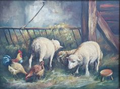 French School (early 20th century) Oil on canvas Farm scene with sheep and chickens, signed