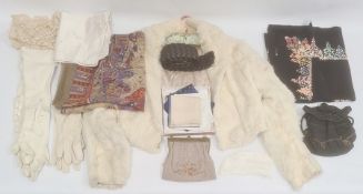 Early 20th century beaded evening bag, another black evening bag, lace and other handkerchiefs,