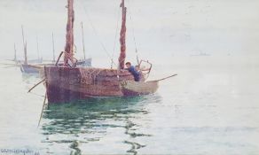 G B P S Lillingston (fl.1871-1899)  Watercolour drawing Moored sailing boat with two men in