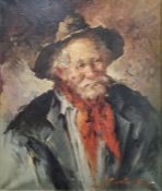 Early 20th century school Oil on canvas Head and shoulders portrait of a man in hat and red scarf