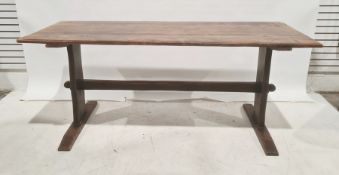 Pine rectangular trestle table on end supports united by stretcher, top 182cm x 65cm wide  Condition
